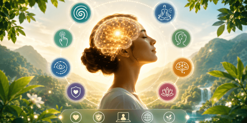 Bütüncül bilinçaltı terapi sürecinde kullanılan bilinçaltı temizliği, hipnoz, hipnoterapi, EFT terapi, EMDR, regresyon ve NLP yöntemlerini simgeleyen ikonlu görsel