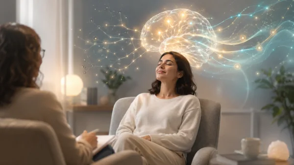 This image symbolizes the transformation of trauma, fear, stress, negative emotional records, and root emotions through subconscious cleansing using hypnosis, EFT therapy, EMDR, regression, and NLP.