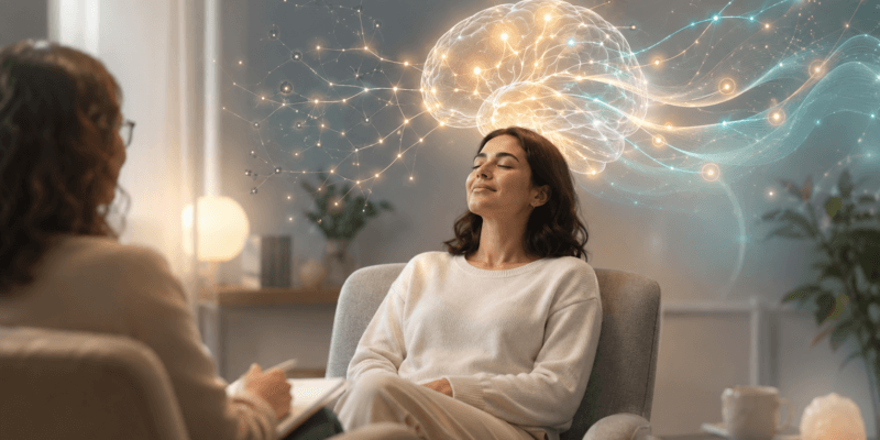 Bilinçaltı temizliği ile travma, korku, stres, negatif duygu kayıtları ve kök duyguların hipnoz, EFT terapi, EMDR, regresyon ve NLP ile dönüştürülmesini simgeleyen görsel