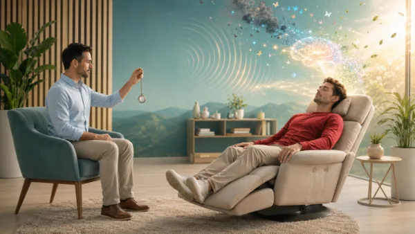 The therapy image shows a male therapist using a hypnosis clock to perform hypnosis on a male client without touching him, symbolizing subconscious cleansing, holistic subconscious therapy, hypnotherapy, EFT therapy, EMDR, regression, and NLP processes. (Belgium, Germany, Turkey, France, America, Netherlands, England) 