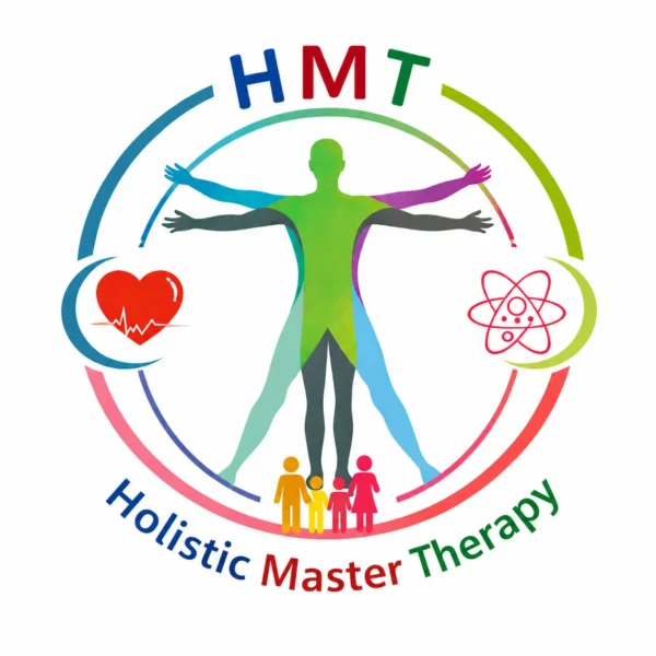 Pearl Therapy Holistic Master Therapy HMT logosu; zihin, beden, ruh, kalp, aile, enerji ve modern bilim sembolleriyle bütüncül terapi, bilinçaltı temelli terapi, aile desteği, duygusal iyileşme ve yaşam dengesi yaklaşımını temsil eden profesyonel Holistik Master Terapi görseli