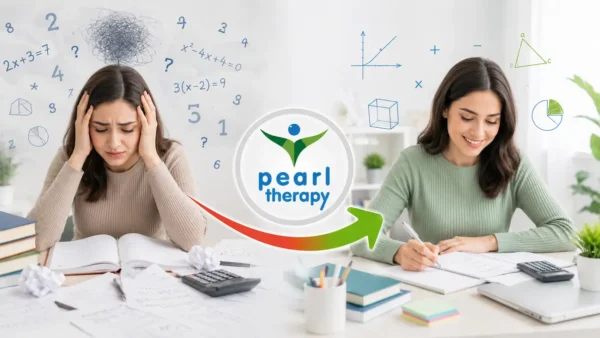 Matematik korkusu terapisi ve tedavisi görselinde, sol tarafta matematik soruları karşısında yoğun kaygı, stres ve başarısızlık korkusu yaşayan bir öğrenci, sağ tarafta ise terapi desteği sonrasında matematik çalışmalarına daha sakin, özgüvenli ve motive şekilde yaklaşan öğrenci yer almaktadır. Ortadaki Pearl Therapy logosu ve ilerleme oku, matematik kaygısından akademik özgüvene, rahatlamaya ve olumlu öğrenme sürecine geçişi temsil etmektedir. 