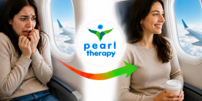 Pearl Therapy uçuş korkusu tedavisi ve terapisi görseli; uçağa binmeden önce veya uçuş sırasında yoğun kaygı, çarpıntı, nefes darlığı, türbülans korkusu, panik ve seyahat endişesi yaşayan bir kişinin aviyofobi terapisi, kaygı yönetimi ve bütüncül psikolojik destekle daha sakin, güvenli ve kontrollü bir uçuş deneyimine geçişini göstermektedir