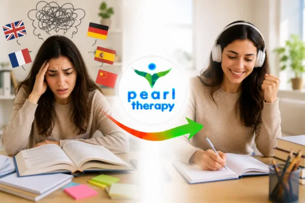 Pearl Therapy yabancı dil öğrenme korkusu tedavisi ve terapisi görseli; yabancı dilde konuşurken hata yapma, yanlış telaffuz, kelimeleri unutma, eleştirilme ve başarısız olma korkusu yaşayan bir kişinin dil kaygısı terapisi, özgüven desteği ve bütüncül psikolojik destekle daha rahat, motive ve kendinden emin iletişim kurmasını göstermektedir 