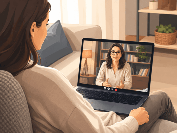 Yeşil ve mavi tonlarda hazırlanmış sanatsal görselde, ev ortamında uzanarak laptop üzerinden görüntülü online terapi alan kadın danışan ve ekranda konuşan kadın psikolog görülmektedir. Ev ortamında bilgisayar aracılığıyla kadın psikolog ile görüntülü online terapi ve online psikolojik danışmanlık görüşmesi yapan kadın danışan.