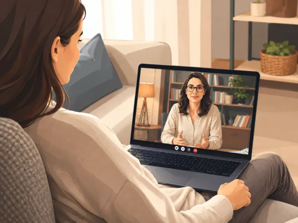 L'image artistique, réalisée dans des tons de vert et de bleu, représente une patiente suivant une séance de thérapie en ligne par vidéoconférence sur son ordinateur portable, depuis son domicile. Une psychologue s'exprime à l'écran.