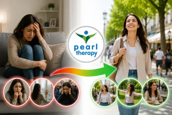 Pearl Therapy agorafobi terapisi tedavisini temsil eden önce ve sonra görseli. Sol tarafta açık alan korkusu, kalabalık korkusu ve evden çıkma kaygısı yaşayan endişeli bir birey, ortada Pearl Therapy logosu ve iyileşmeyi simgeleyen ok, sağ tarafta ise dışarıda rahat yürüyen, özgüvenli, huzurlu ve mutlu görünen birey yer almaktadır. Görsel; agorafobi terapisi, açık alan korkusu, panik atak desteği, anksiyete terapisi, kaygı bozukluğu, bilinçaltı terapisi ve bütüncül terapi yaklaşımını temsil etmektedir.